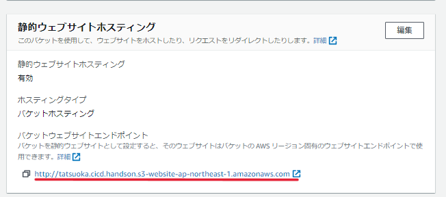 バケットウェブサイトのエンドポイント